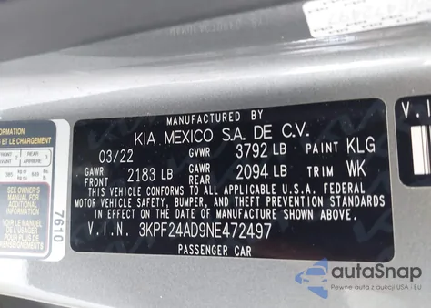 2022 Kia Forte Lxs из США, поврежденный, VIN 3KPF24AD9NE472497